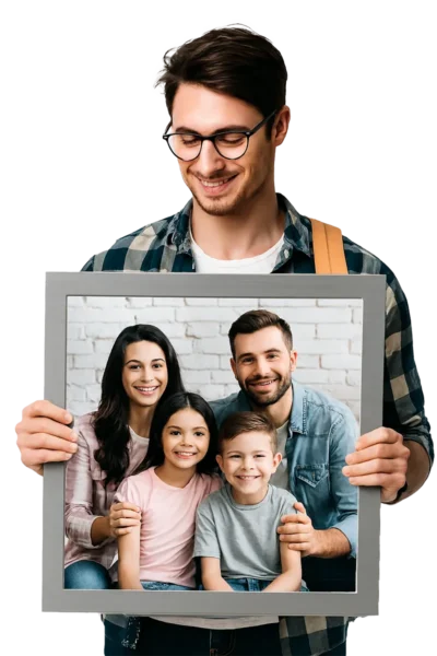 "Persona joven sosteniendo con ambas manos un cuadro grande sin bordes que muestra una fotografía familiar sonriente de cuatro personas: madre, padre, hija y hijo, posando juntos frente a una pared de ladrillo blanco."