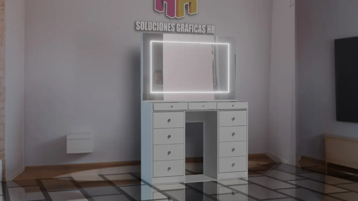 Render fotorrealista de tocador diseñado en Blender